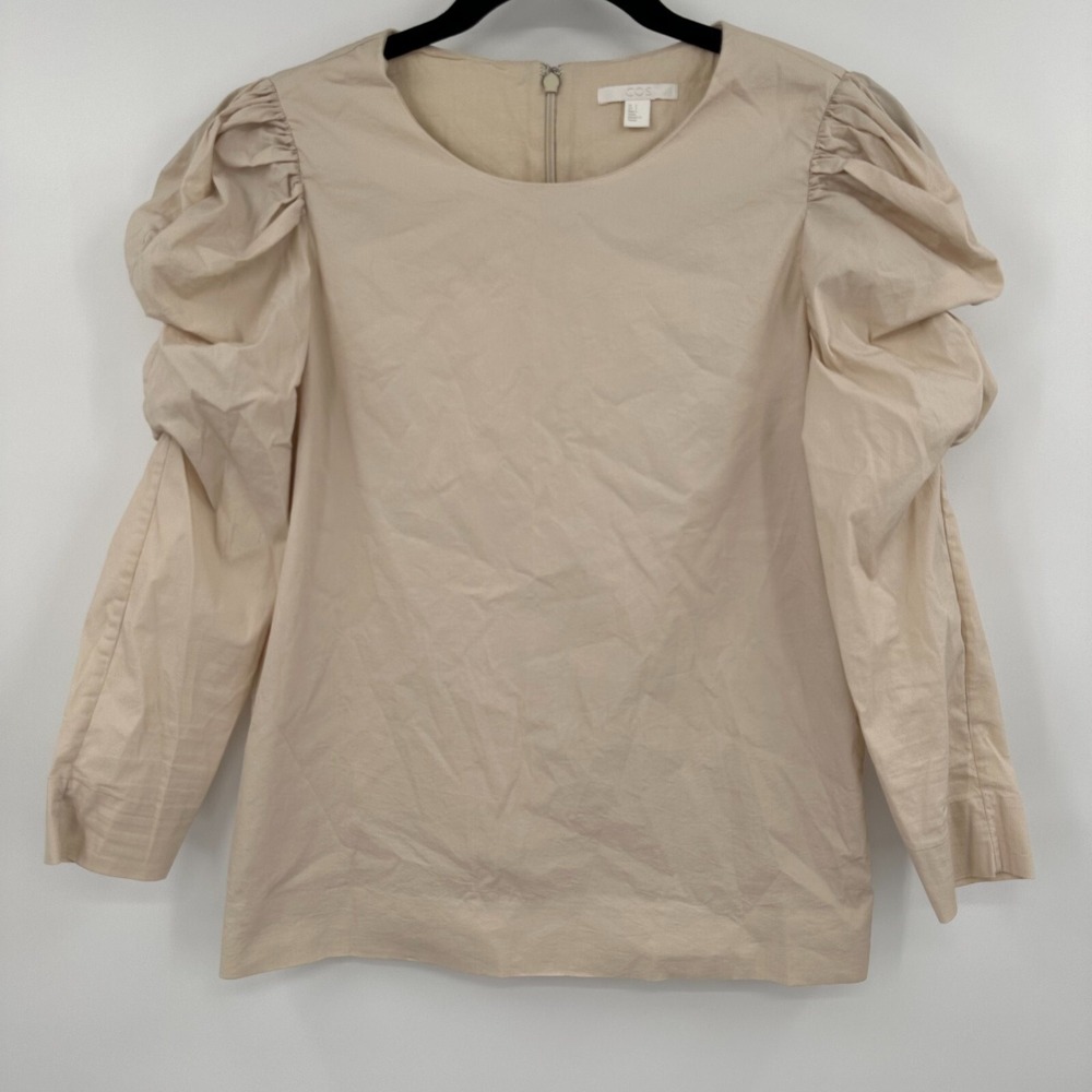 COS Blouse‎ Top Women's 2 Beige Stretch Back Zip Puff Sleeve Round Neck Pullover